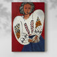 Canvas art print of a stylized figure with intricate textile design and vivid tones with a soft shadow on a white background.
