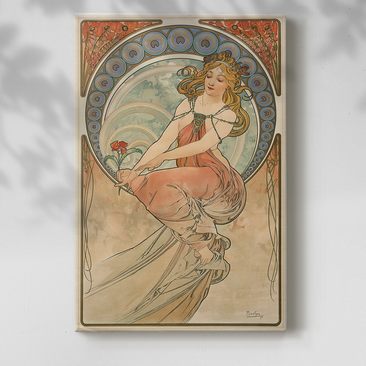 Canvas art print of a stylized figure with artistic symbolism and flowing lines with a soft shadow on a white background.
