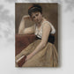 Canvas art print of a quiet interior moment with a seated figure and book with a soft shadow on a white background.