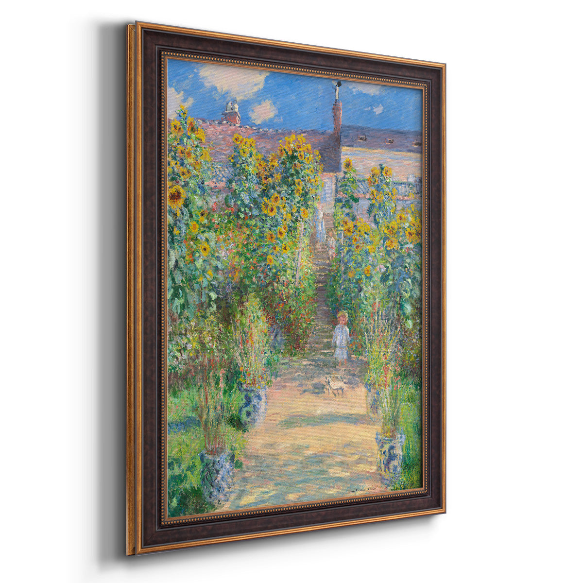 Impressionist garden landscape painting by Claude Monet printed on canvas in an ornate bronzed mahogany wood frame with a vertical orientation.