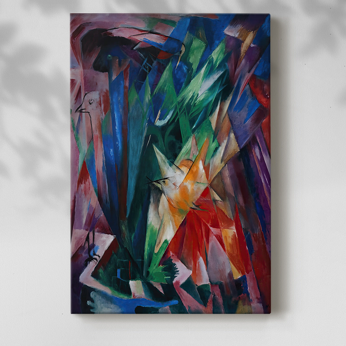 Canvas art print of an abstract animal scene with angular shapes and contrast with a soft shadow on a white background.