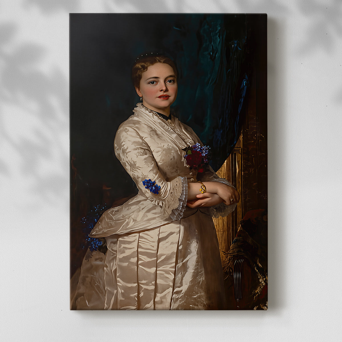 Canvas art print of a traditional portrait with soft light and minimal background with a soft shadow on a white background.