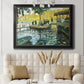 Impressionist riverside leisure scene by Claude Monet in an ornate black frame with gilded inner detail displayed in a neutral-toned interior setting.