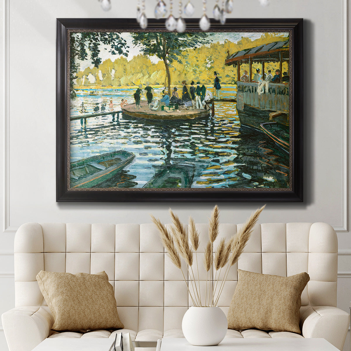 Impressionist riverside leisure scene by Claude Monet in an ornate black frame with gilded inner detail displayed in a neutral-toned interior setting.