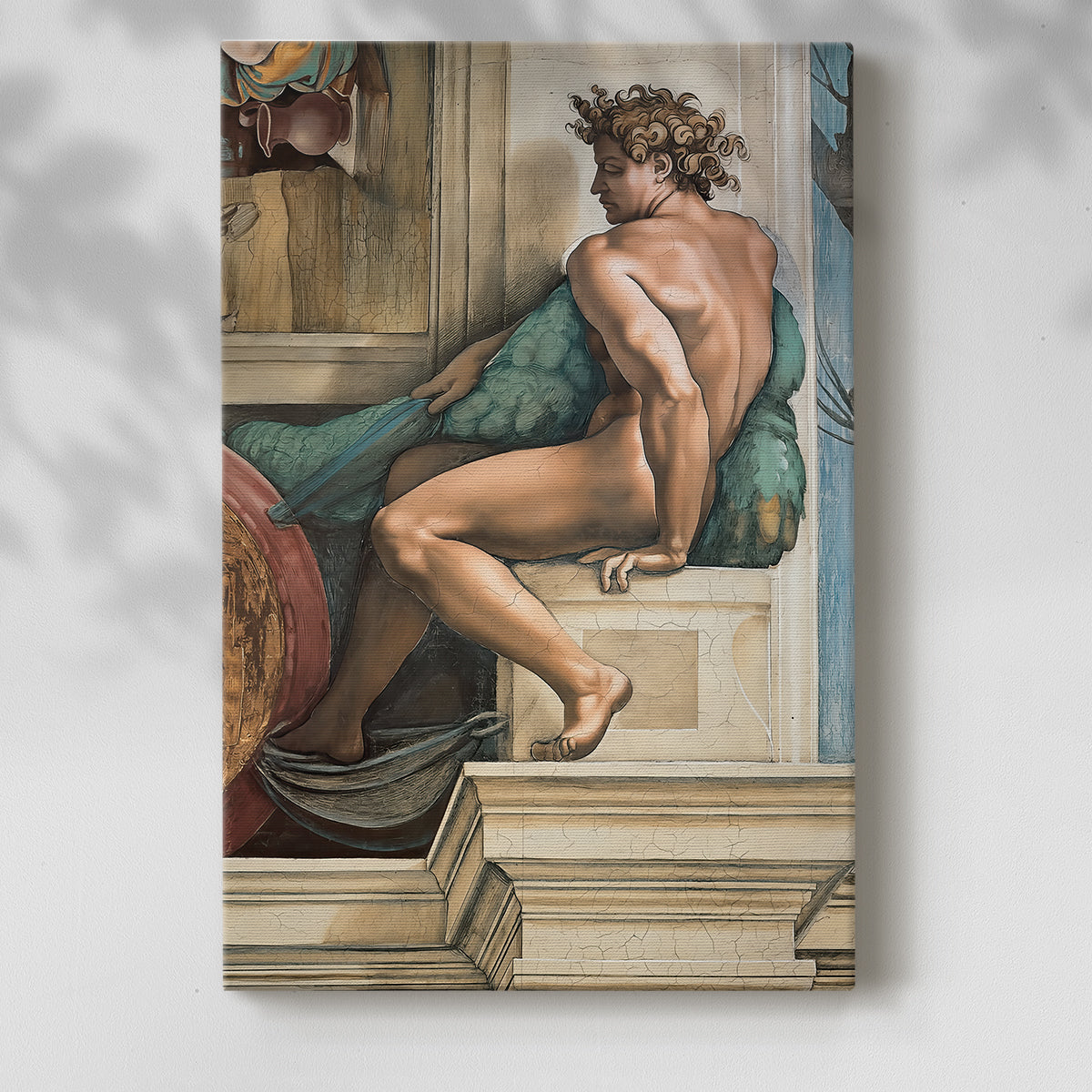 Canvas art print of a muscular figure with dynamic posture and soft shading with a soft shadow on a white background.