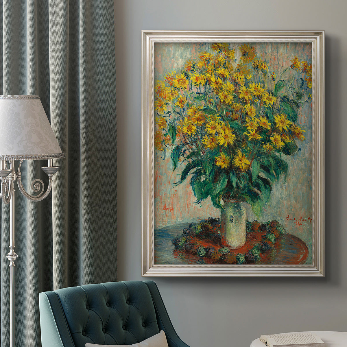 Impressionist floral painting of artichoke flowers by Claude Monet in an ornate champagne frame displayed in a neutral interior setting.
