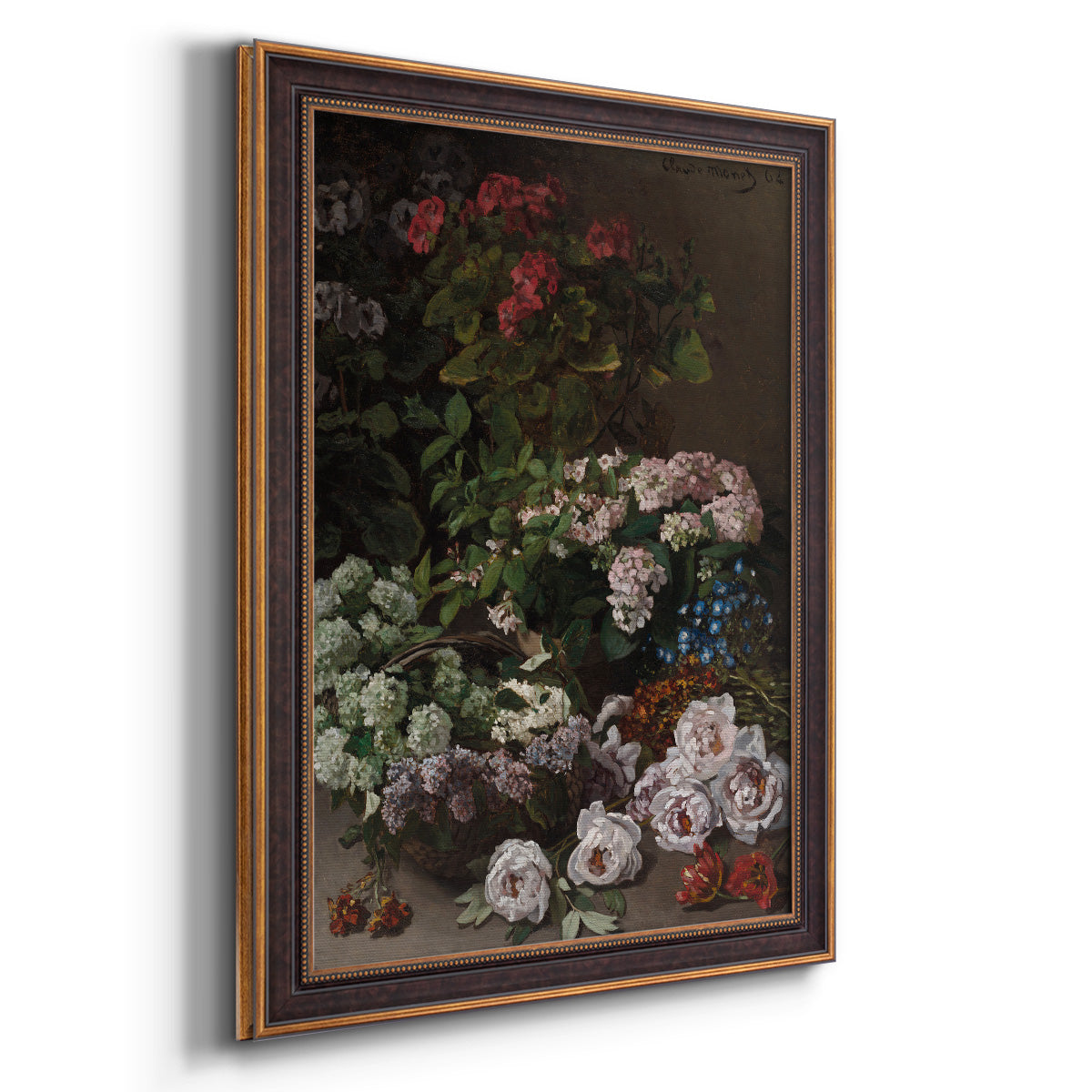 Early impressionist floral painting by Claude Monet printed on canvas in an ornate bronzed mahogany wood frame with a vertical orientation.