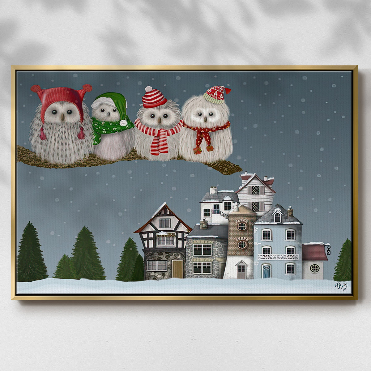 Christmas Christmas Owl Village - Framed Gallery Wrapped Canvas in Floating Frame