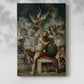 Canvas art print of a symbolic composition with multiple figures and strong structure with a soft shadow on a white background.