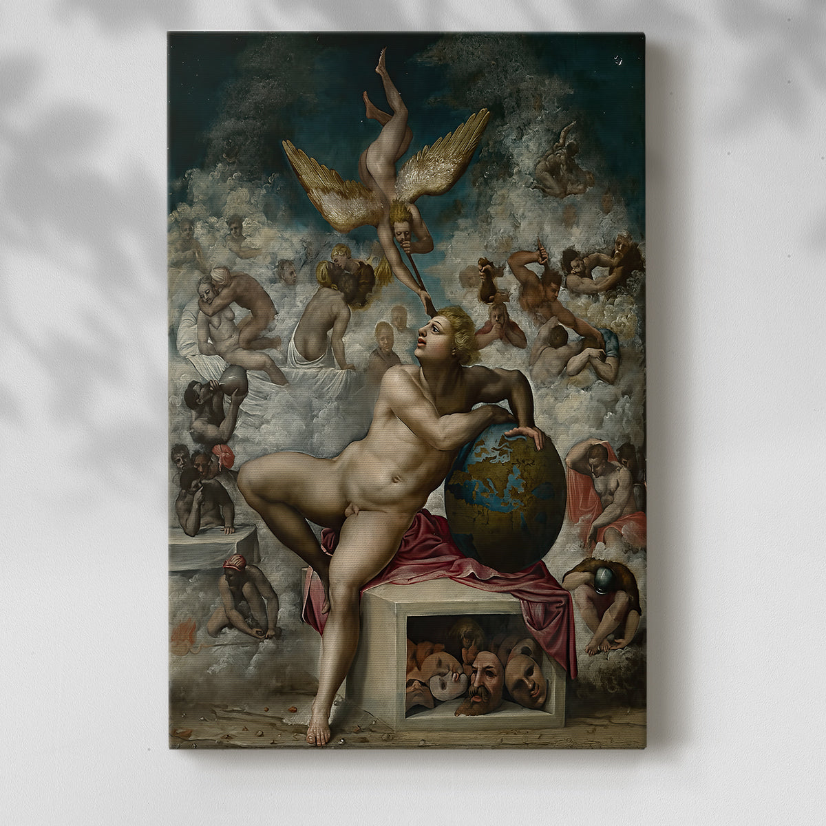 Canvas art print of a symbolic composition with multiple figures and strong structure with a soft shadow on a white background.
