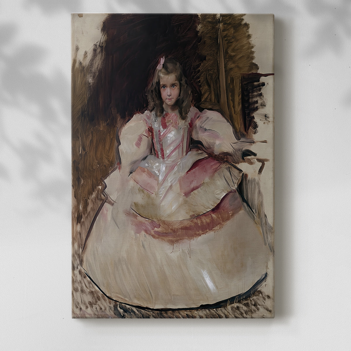 Canvas art print of a refined child figure with decorative costume and soft light with a soft shadow on a white background.