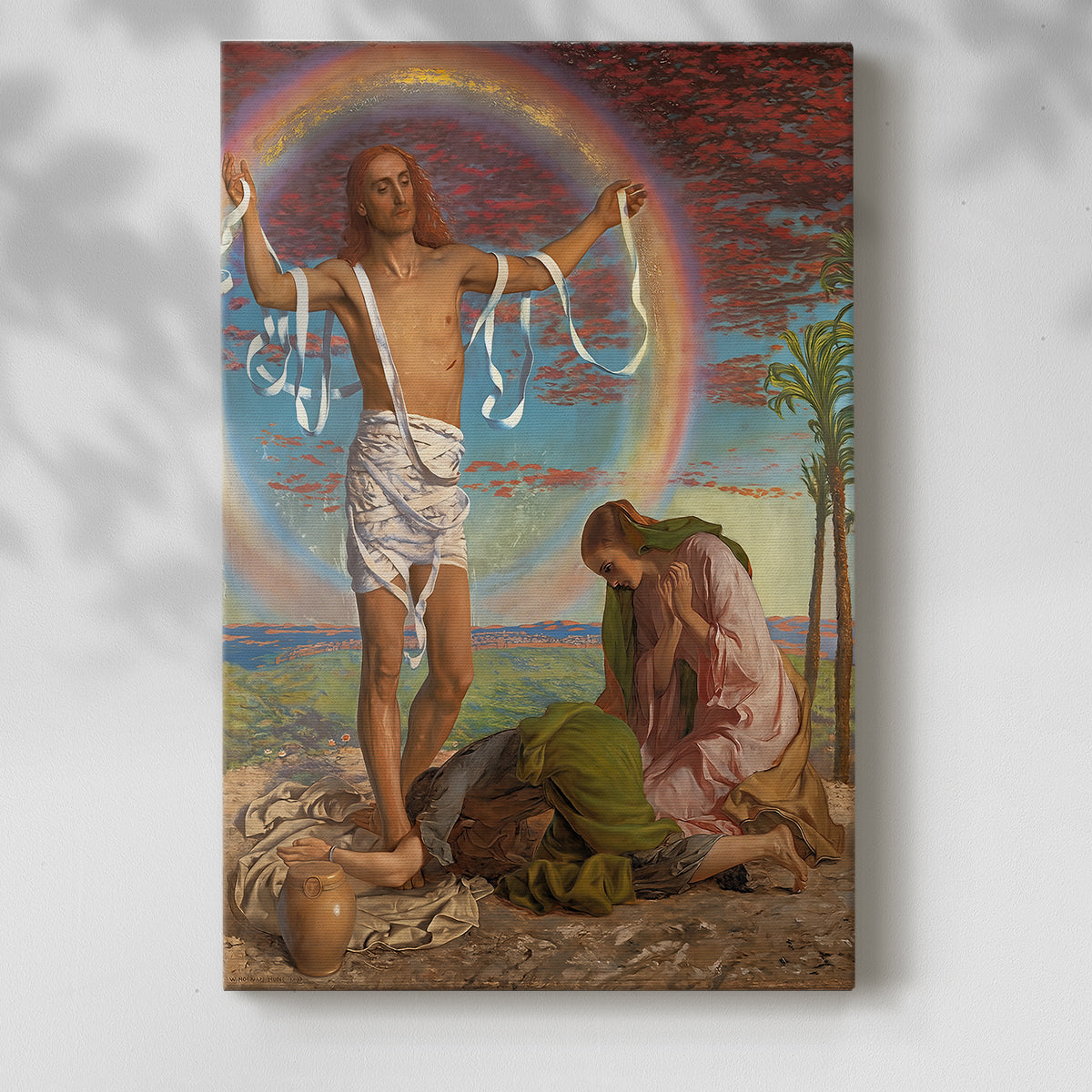 Canvas art print of a narrative composition with multiple figures and warm tones with a soft shadow on a white background.