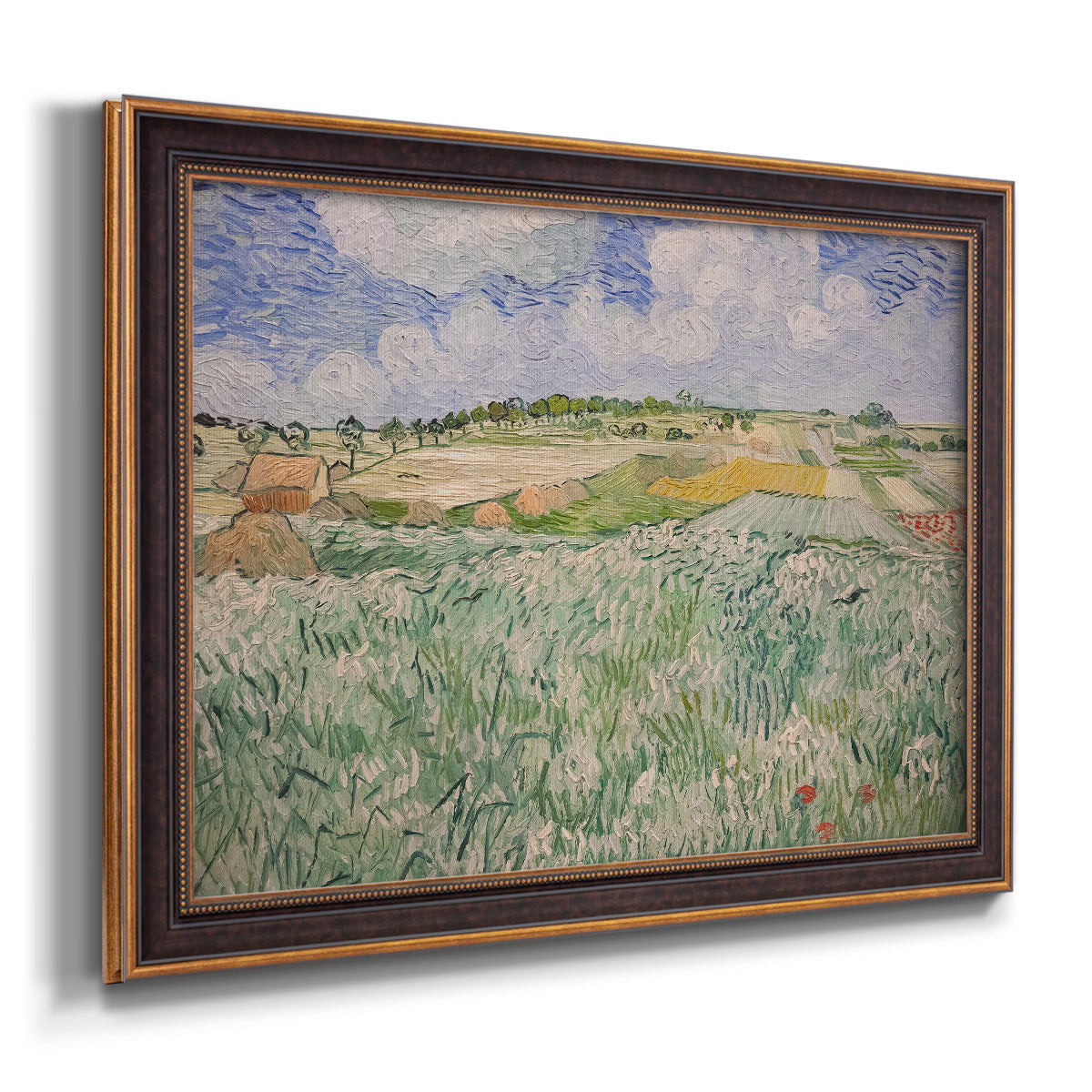 Impressionist countryside landscape near Auvers by Vincent van Gogh printed on canvas in an ornate bronzed mahogany wood frame.