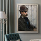 Impressionist portrait of a seated man by Édouard Manet in an ornate champagne frame displayed in a neutral interior setting.