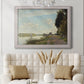 Impressionist river scene with red boats by Claude Monet in an ornate weathered white frame displayed in a neutral-toned interior setting.