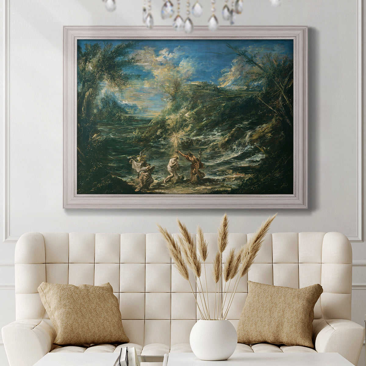 Religious landscape depicting the baptism of Christ by Alessandro Magnasco in an ornate weathered white frame displayed in a neutral-toned interior setting.