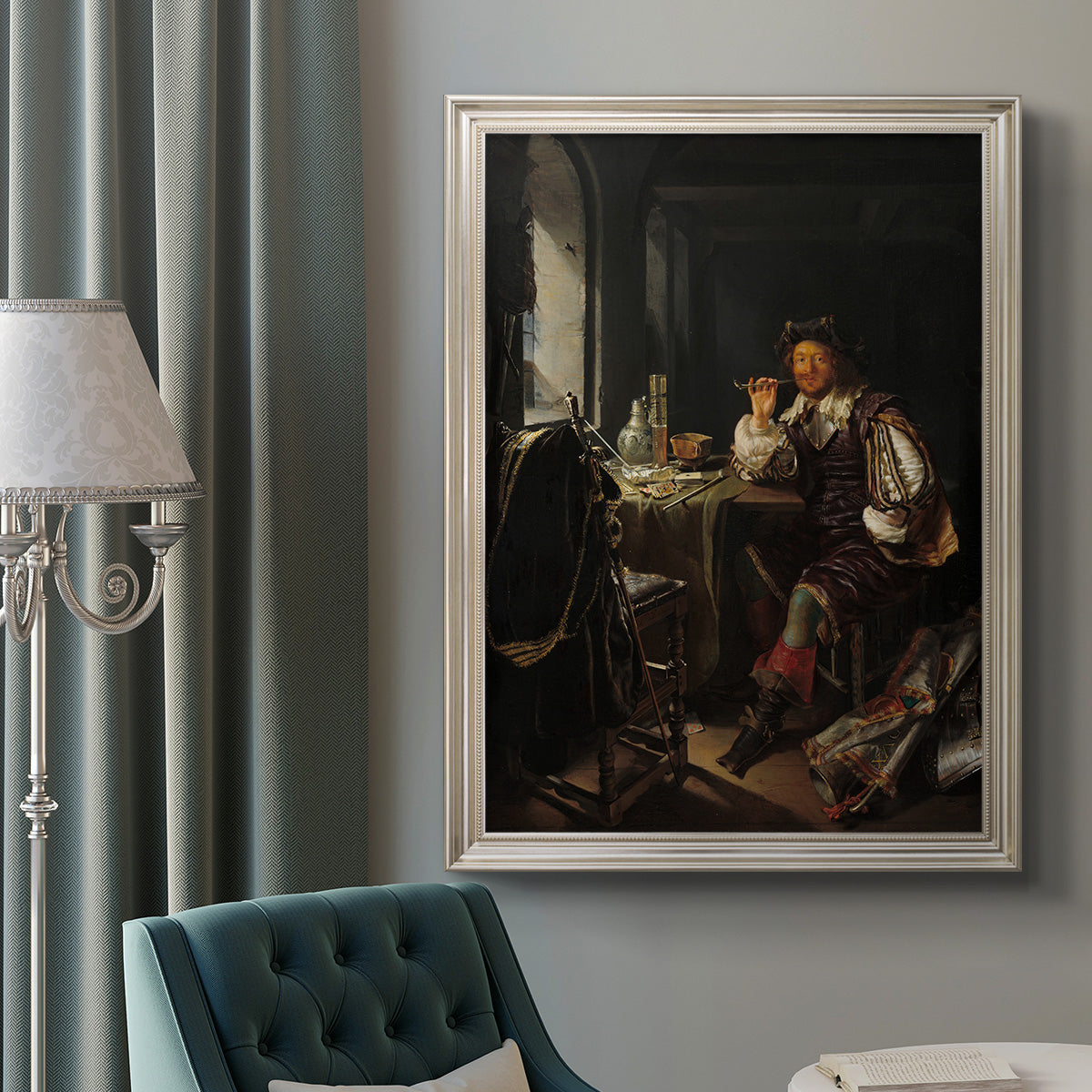 Classical portrait of a soldier smoking a pipe by Frans van Mieris the Elder in an ornate champagne frame displayed in a neutral interior setting.