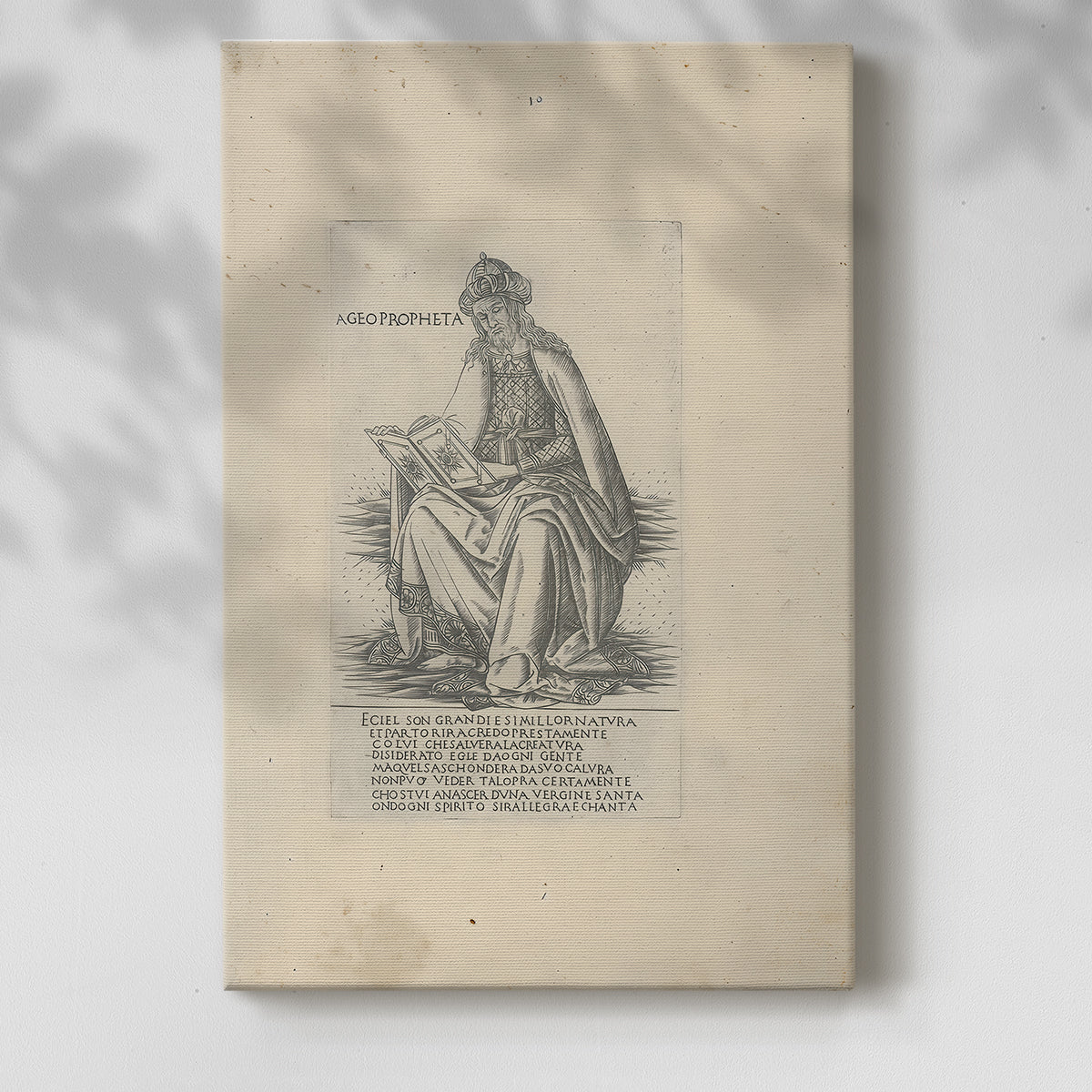 Canvas art print of a classical figure rendered in etched lines with minimal shading with a soft shadow on a white background.