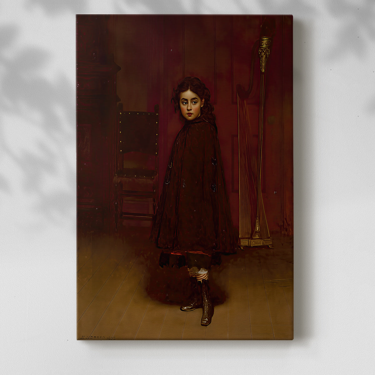Canvas art print of a musical setting with a figure and instrument in warm tones with a soft shadow on a white background.