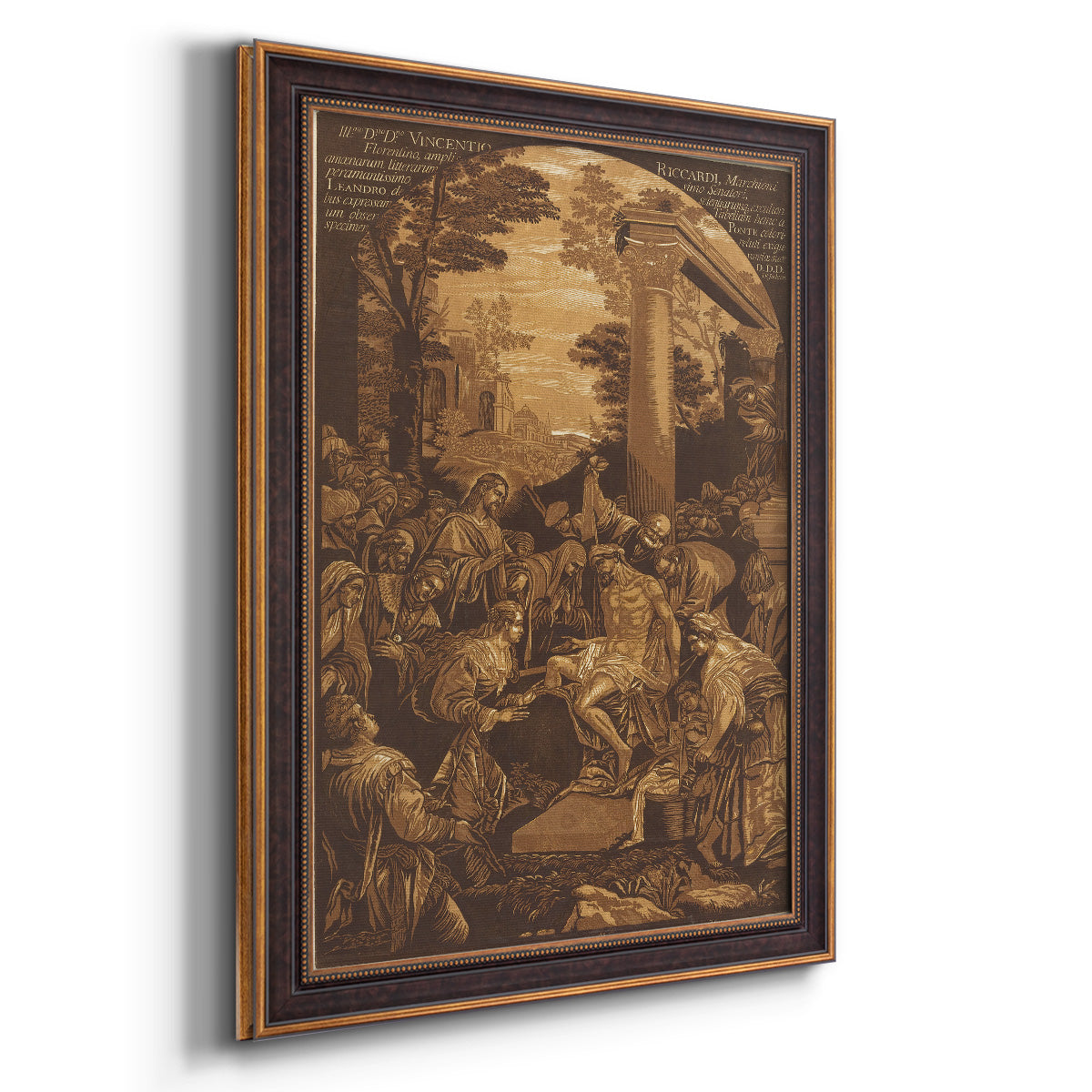 Monochrome religious painting of the raising of Lazarus by Leandro Bassano printed on canvas in an ornate bronzed mahogany wood frame with a vertical orientation.