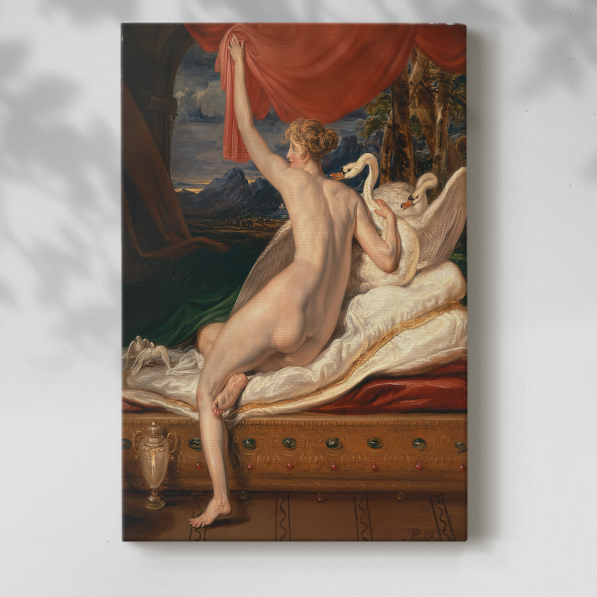 Canvas art print of a classical figure posed with flowing fabric and warm tones with a soft shadow on a white background.