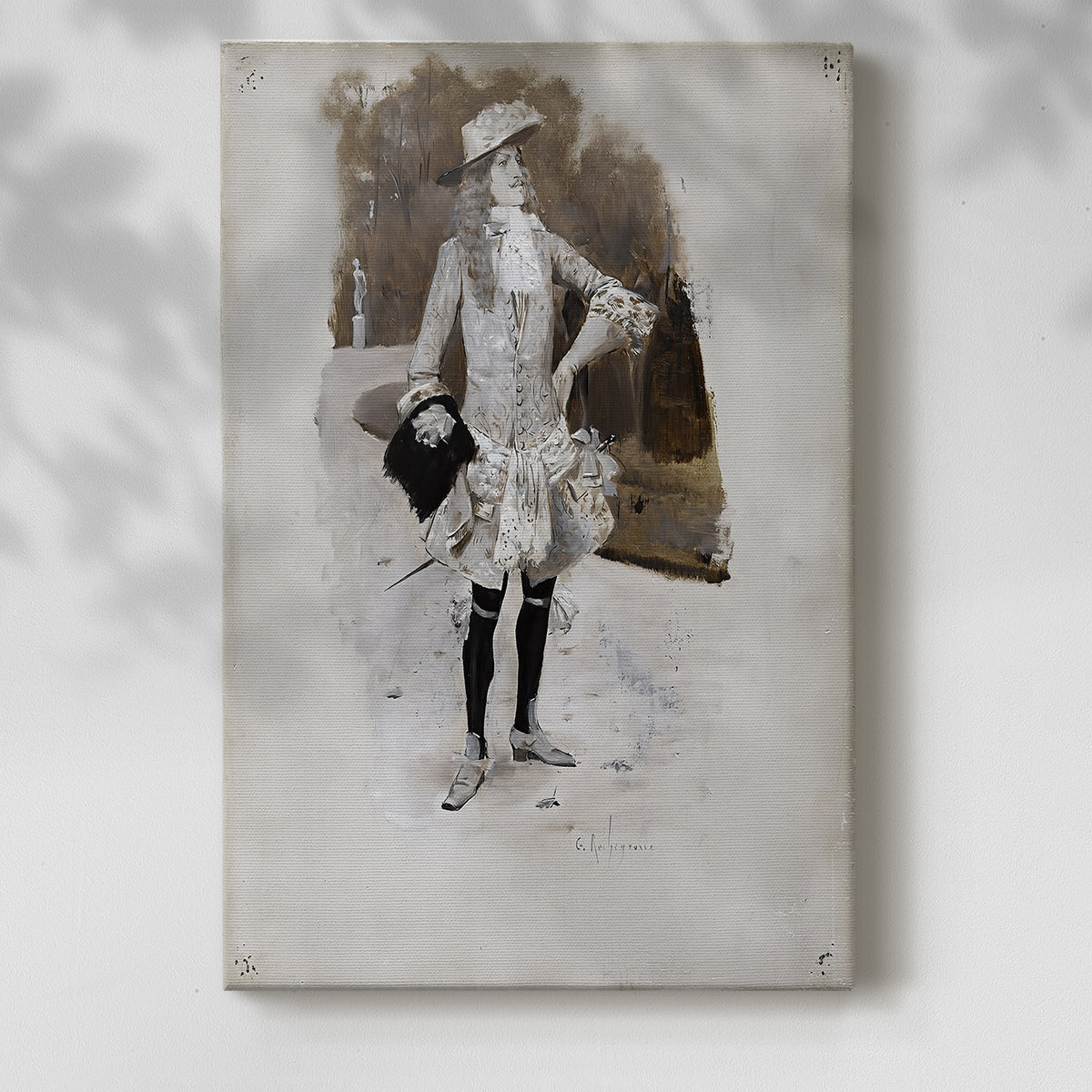 Canvas art print of a stylized male figure with clean lines and soft tones with a soft shadow on a white background.