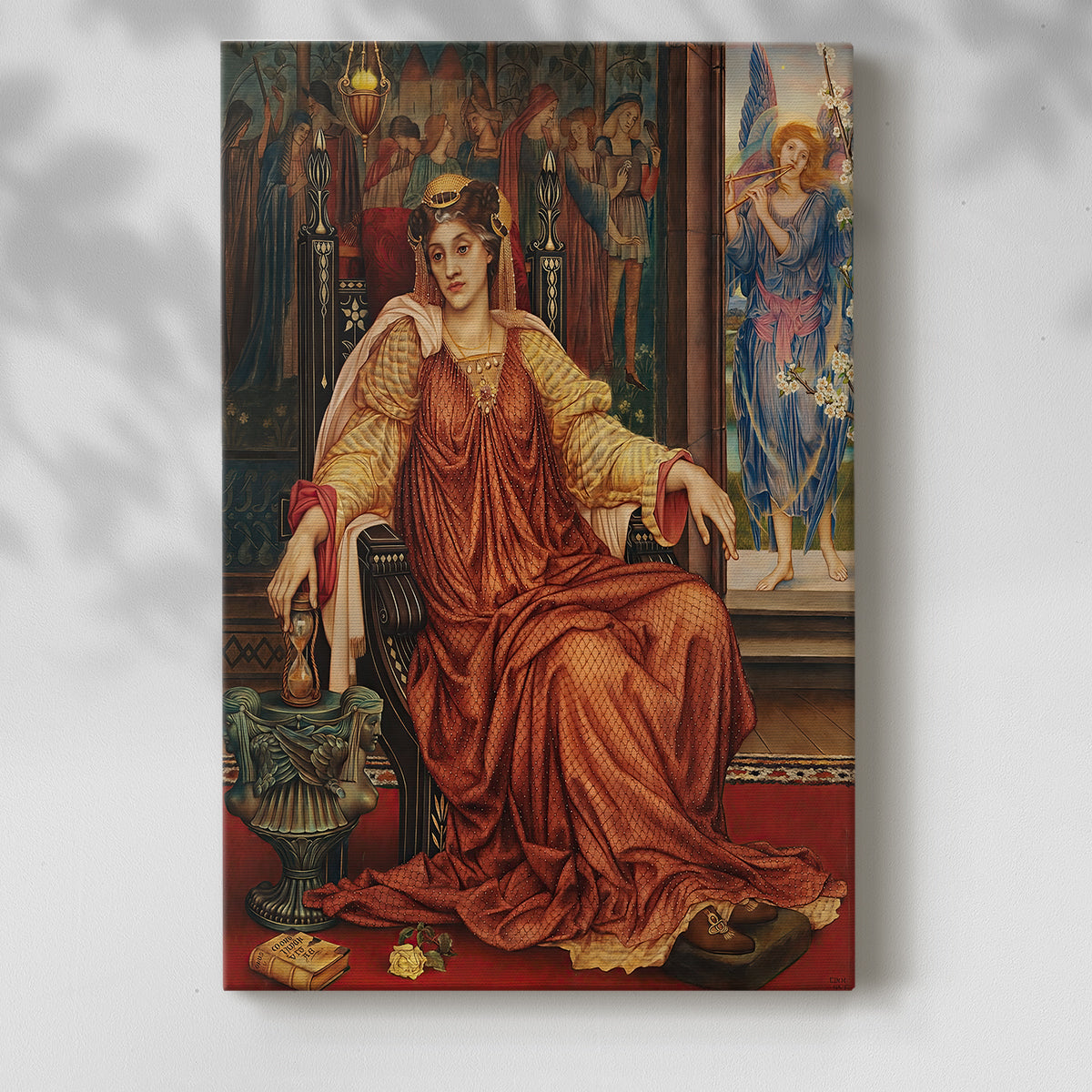Canvas art print of a contemplative figure with a time symbol and soft lighting with a soft shadow on a white background.