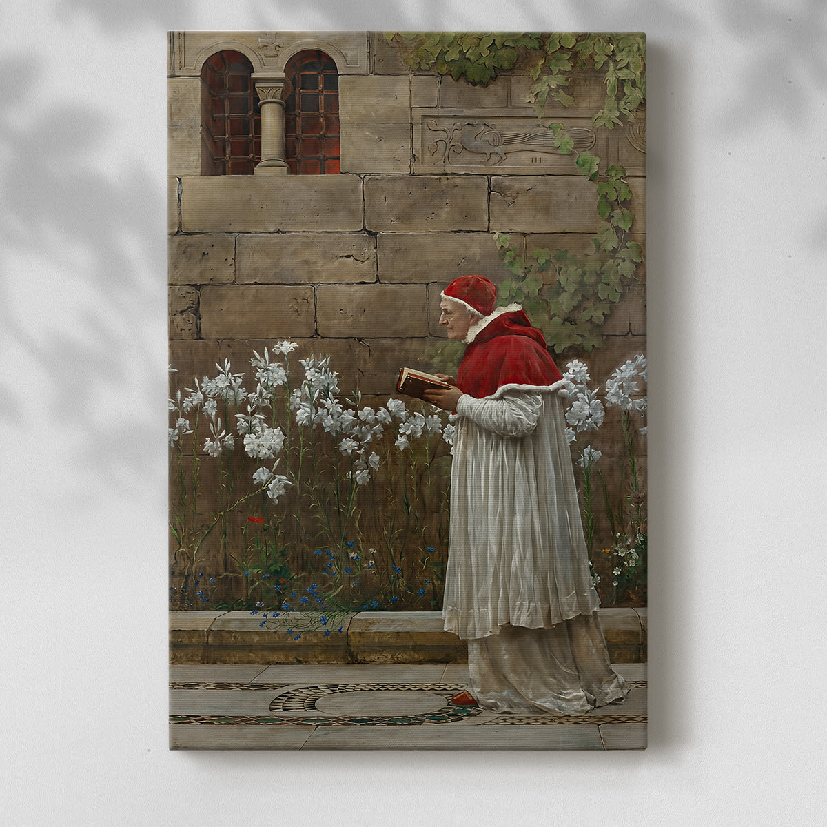 Canvas art print of a dignified figure in ceremonial attire with rich color with a soft shadow on a white background.