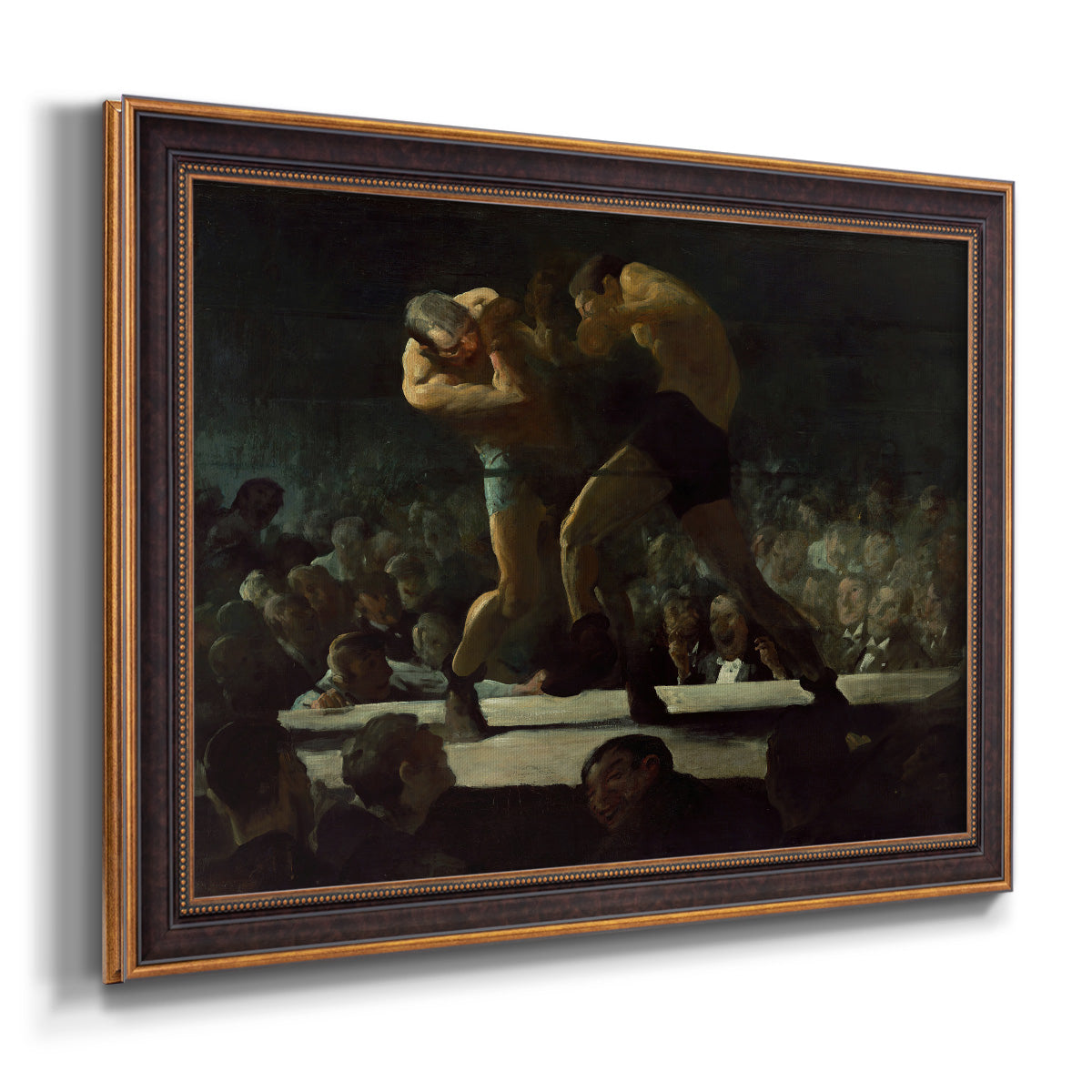 American social club scene painting by George Bellows printed on canvas in an ornate bronzed mahogany wood frame.