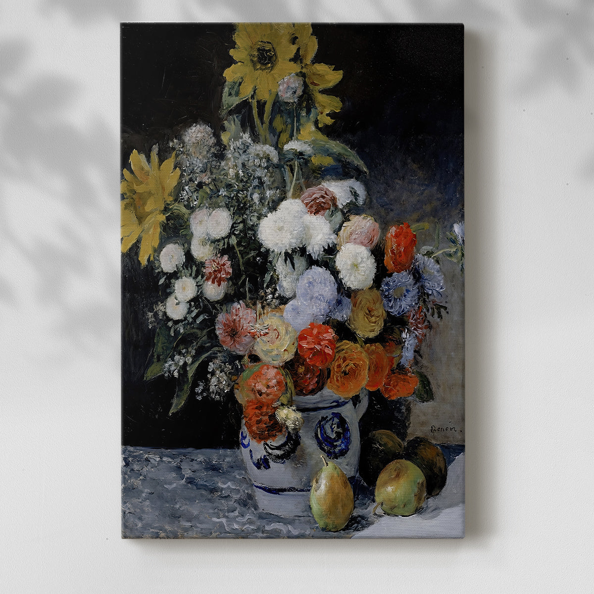 Canvas art print of a colorful bouquet arranged in a simple ceramic container with a soft shadow on a white background.