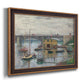 Impressionist river bridge scene on an overcast day by Claude Monet printed on canvas in an ornate bronzed mahogany wood frame.