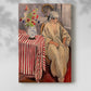 Canvas art print of a figure in a richly decorated room with bold color blocks with a soft shadow on a white background.