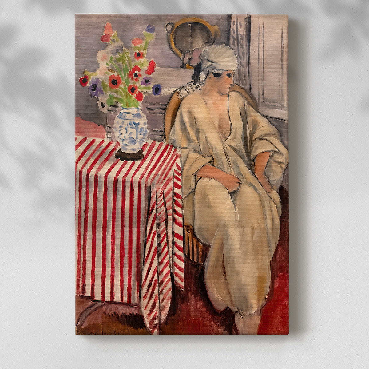 Canvas art print of a figure in a richly decorated room with bold color blocks with a soft shadow on a white background.