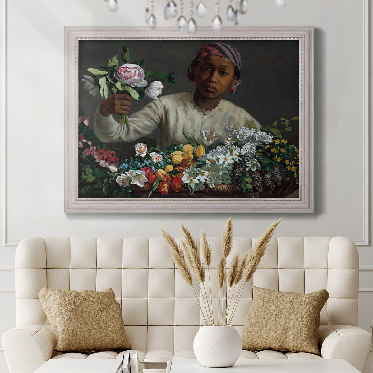 Traditional portrait of a woman holding peonies by Frédéric Bazille in an ornate weathered white frame displayed in a neutral-toned interior setting.