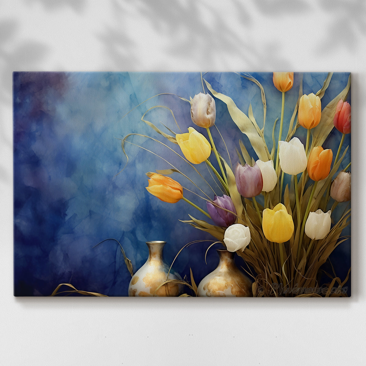 tulips,flowers,bouquet,vases,blue background,colorful arrangement,morning light,floral decor,nature,home decor,still life,indoor gardening,flower arrangement,spring,vibrant colors,beauty,petal,yellow,orange,white,pink,purple,green,composition,textures,decoration,elegance,art,floral display,aesthetic,visual art,design,craftsmanship,gardening,interior design,vibrant shades,creative arrangement,serene setting