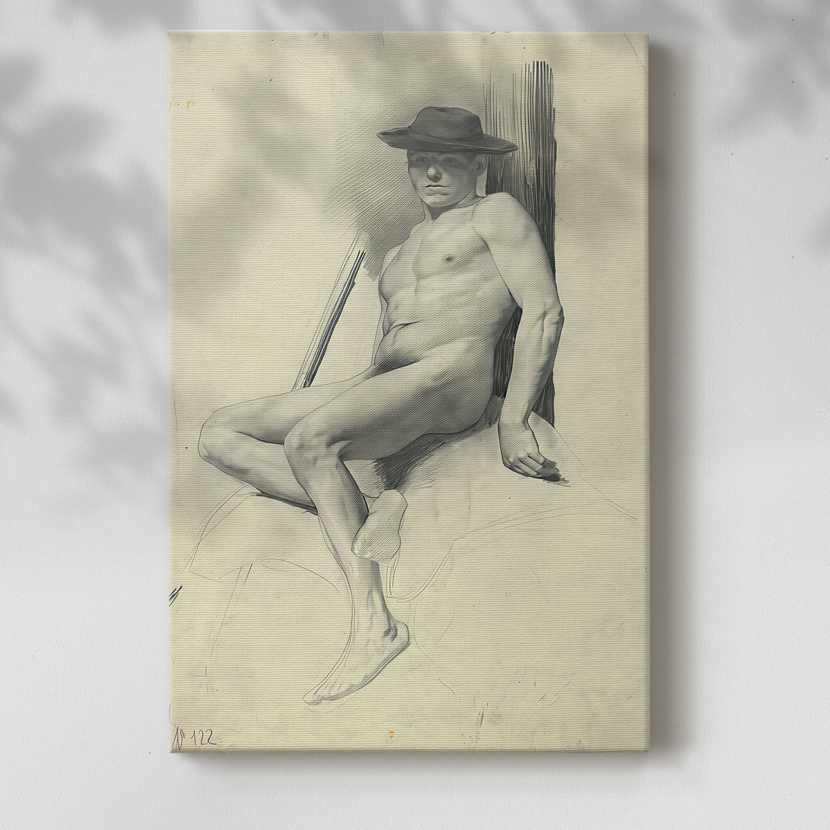 Canvas art print of a relaxed seated figure with minimal shading and light detail with a soft shadow on a white background.