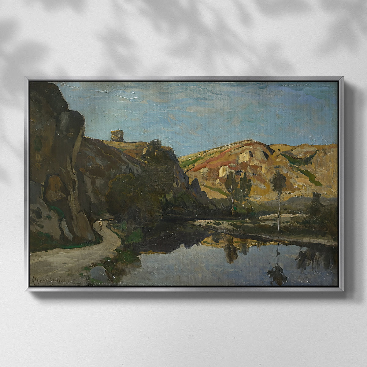 River Landscape with Cliffs, c. 1850-1860 - Floater Framed Canvas Print