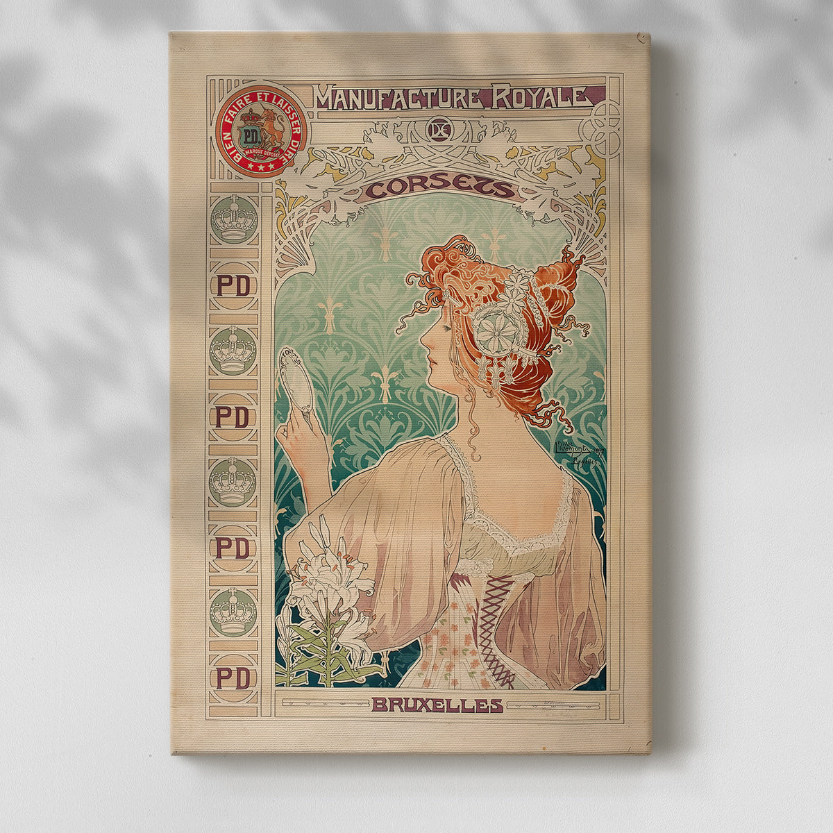 Canvas art print of a vintage advertisement featuring a stylized woman and decorative typography with a soft shadow on a white background.