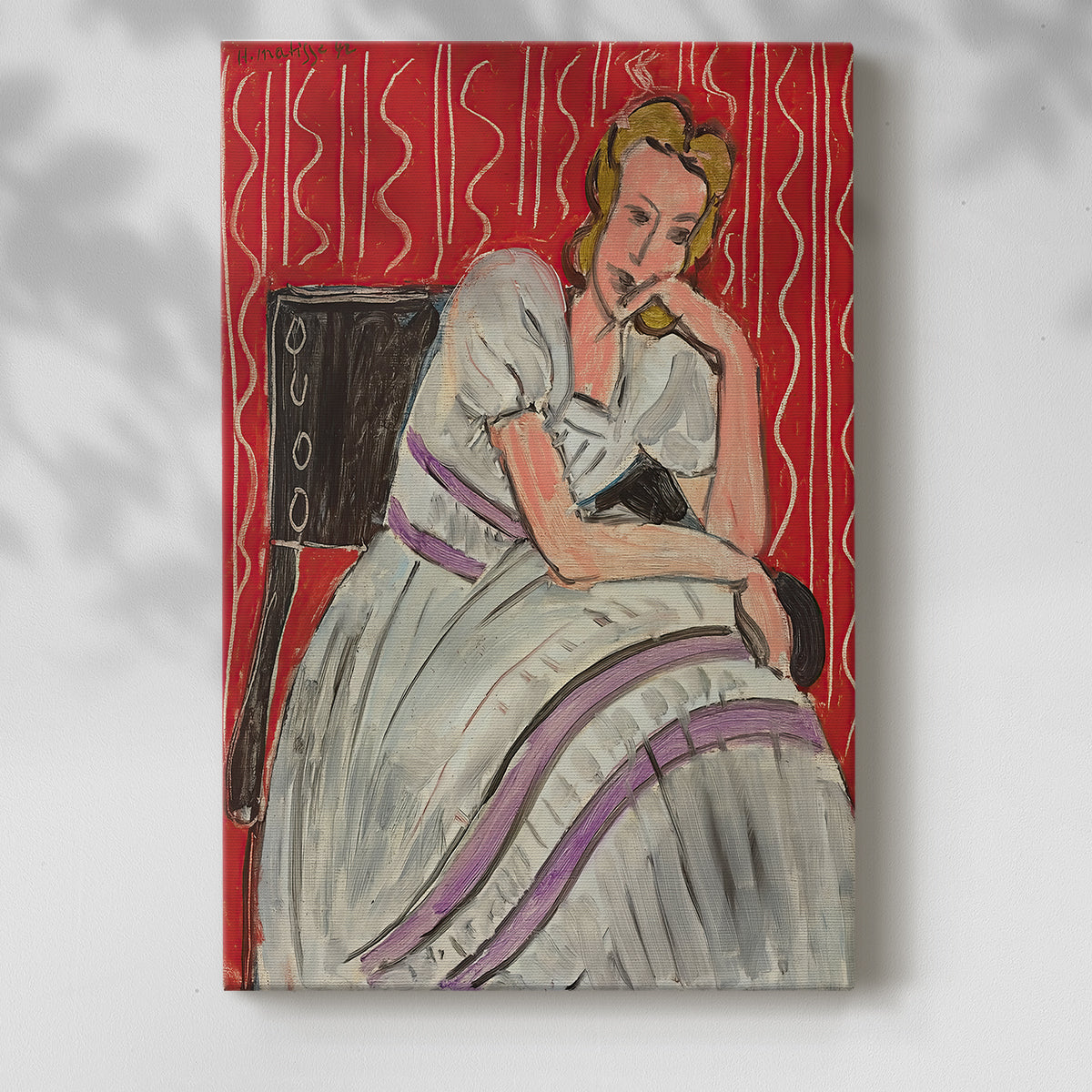 Canvas art print of a calm figure with simplified form and muted tones with a soft shadow on a white background.