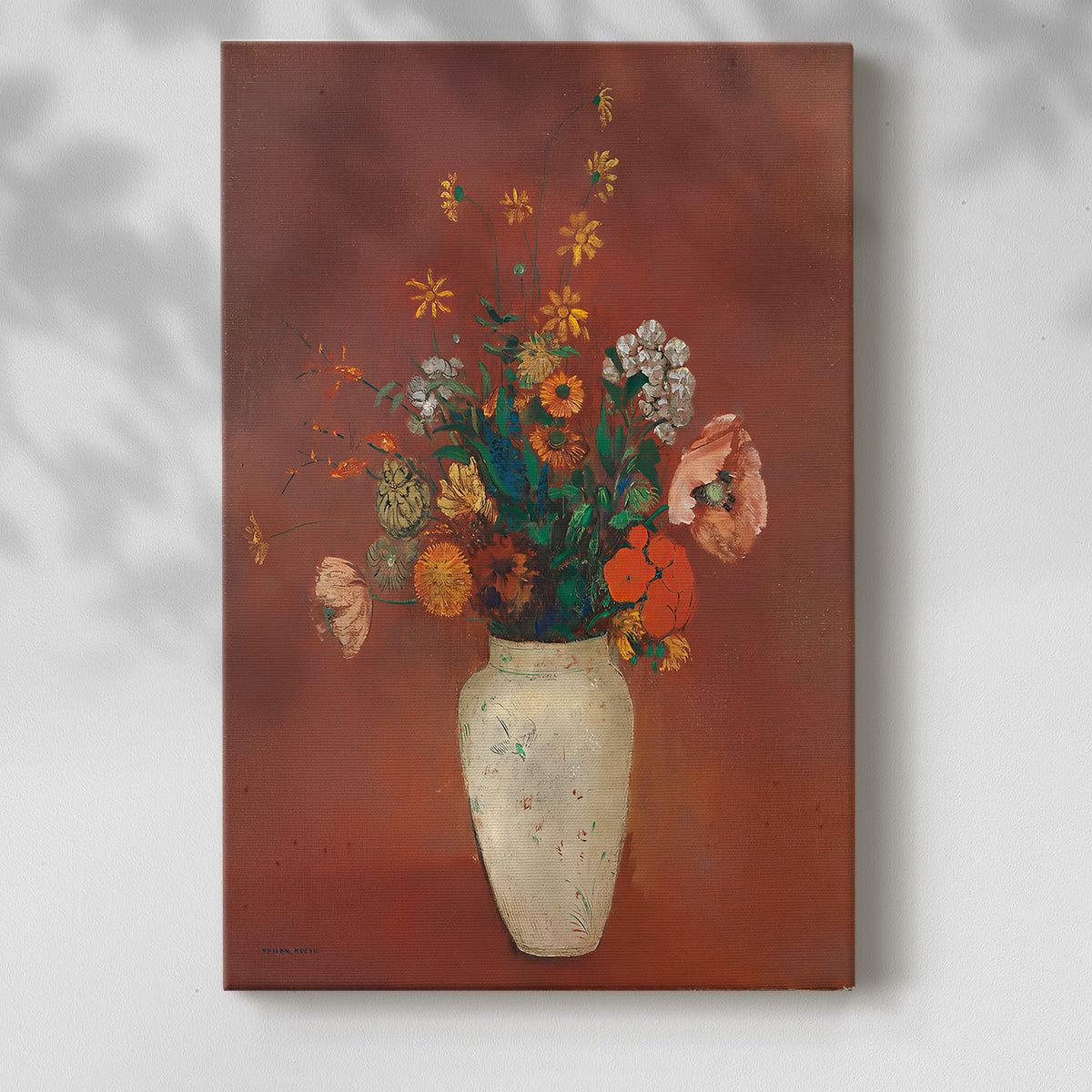 Canvas art print of a floral arrangement with muted color and gentle texture with a soft shadow on a white background.