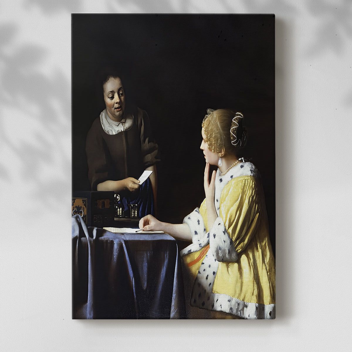 Canvas art print of a composed scene with figures and quiet interaction with a soft shadow on a white background.