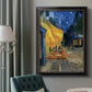Impressionist night café street scene by Vincent van Gogh in an ornate black frame with gilded inner detail displayed in a neutral interior setting.