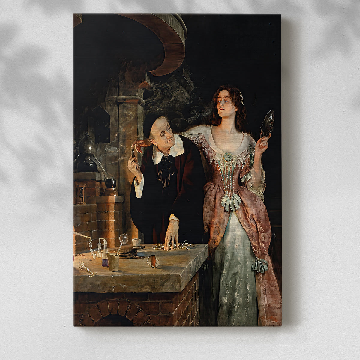 Canvas art print of a dramatic setting with figures and warm light on objects with a soft shadow on a white background.
