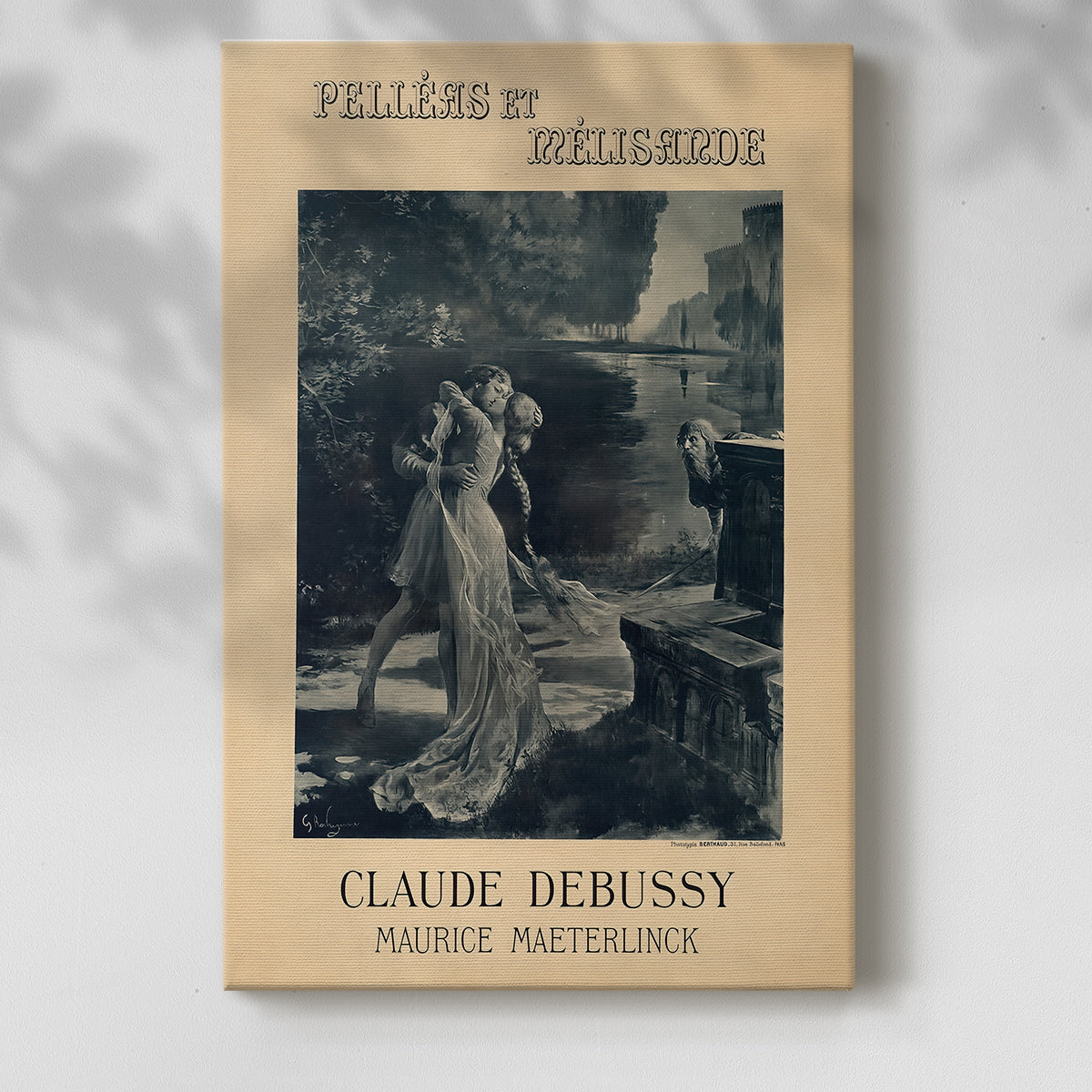 Canvas art print of a stylized composition with narrative imagery and soft tones with a soft shadow on a white background.
