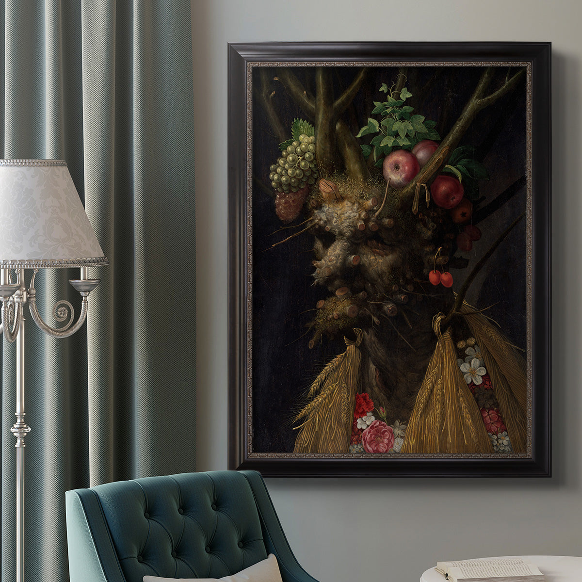 Surreal allegorical portrait representing the four seasons by Giuseppe Arcimboldo in an ornate black frame with gilded inner detail displayed in a neutral interior setting.