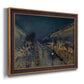 Impressionist nighttime Paris street scene by Camille Pissarro printed on canvas in an ornate bronzed mahogany wood frame.