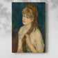 Canvas art print of a figure seated while arranging her hair with gentle brushwork with a soft shadow on a white background.