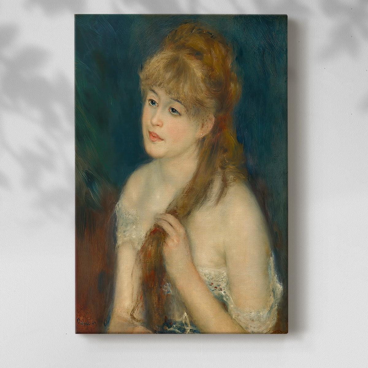 Canvas art print of a figure seated while arranging her hair with gentle brushwork with a soft shadow on a white background.