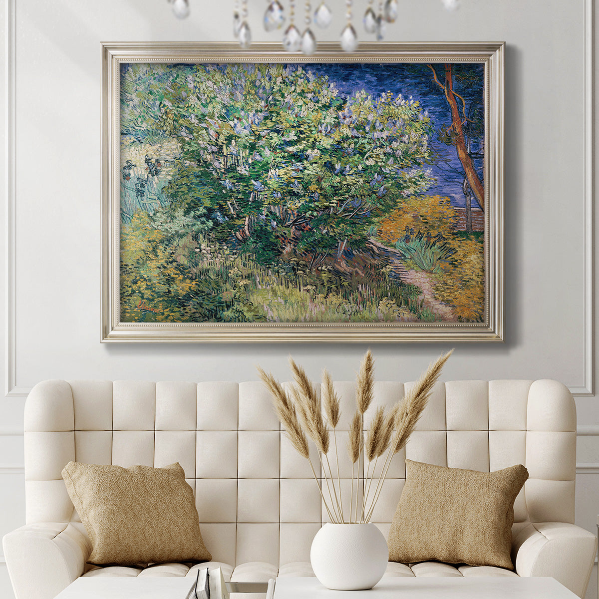 Impressionist lilac flower painting by Vincent van Gogh in an ornate champagne frame displayed in a neutral-toned interior setting.