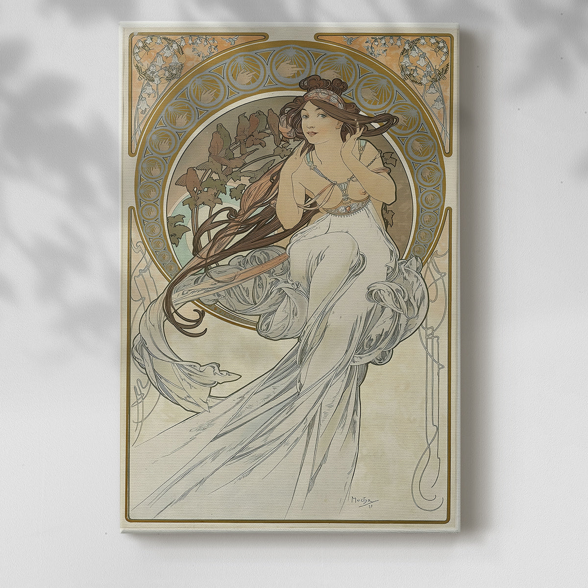 Canvas art print of a stylized figure with flowing lines and symbolic musical theme with a soft shadow on a white background.